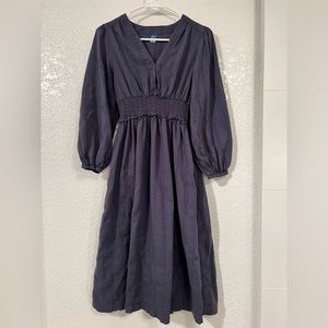 Waist-Defined Puff-Sleeve Smocked Midi Dress